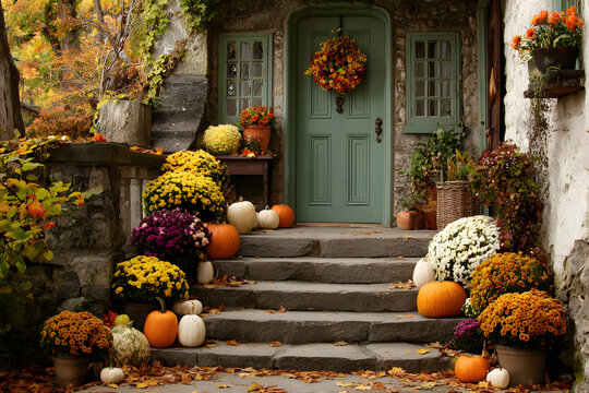 fall autumn wreath on green front door and autumn flower pot arrangementts on steps - Powered by Adobe