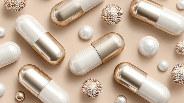 A flat lay composition featuring elegant capsules alongside decorative pearls and spheres on a soft beige background, representing beauty and wellness concepts in lifestyle imagery