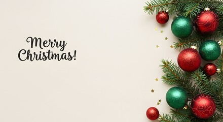 Christmas greeting with red and green ornaments and pine branches on a cream colored background design