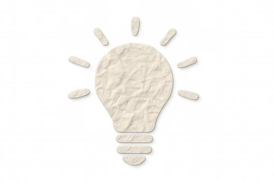 Crumpled paper light bulb icon symbolizing idea, inspiration, and creativity on transparent background