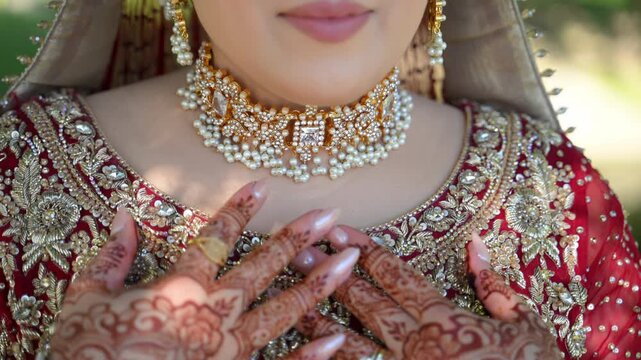 Red and gold colors in the traditional wedding Indian clothes, Close up view of embroidered dress and henna painted hands on it