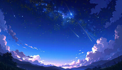 Fototapeta premium アニメ風の星が輝く夜空。星屑。流れ星。A starry night sky in an anime style. Stardust. Shooting stars.