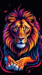 Fototapeta premium Majestic lion rendered in vibrant artistic style against a stark black backdrop, showcasing intricate details and bold color, surreal, design, mane