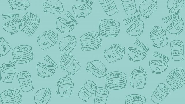 Food doodle seamless pattern of fast food doodles in light teal for fun and whimsical backgrounds, perfect for packaging designs.