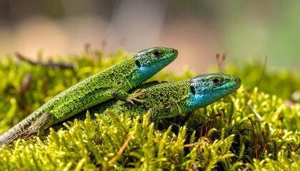 Fototapeta premium Two European Green Lizards basking on moss in the sun.