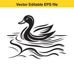 Vector art of black silhouette of a duck swimming in wavy water