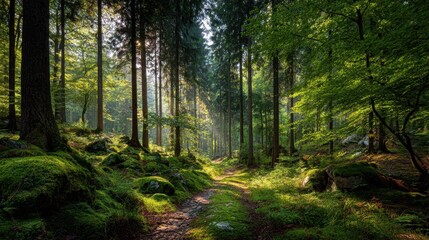 Fototapeta premium A tranquil forest path glows with soft sunlight as tall trees surround vibrant green moss and rocks.