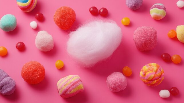Various candy shapes and colors are arranged playfully against a vibrant pink backdrop.