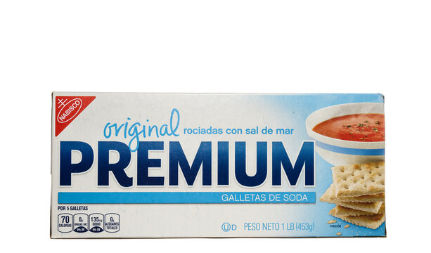 Millburn, New Jersey, USA - October 13, 2020: A box of Nabisco Premium saltine crackers isolated on a white background.
