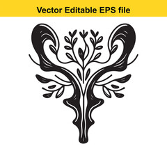 Vector art of abstract black and white symmetrical design with floral elements