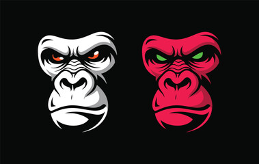 Two stylized gorilla faces, one white and one red, against a black background.