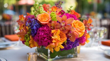 A colorful arrangement of flowers sits on a dining table under sunlight creating a cheerful atmosphere.