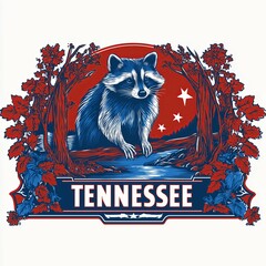 Obraz premium A raccoon perched on a branch, framed by red leaves and stars, highlights 