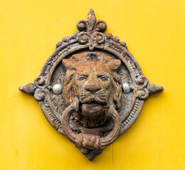 Salamina, Caldas - Colombia. October 6, 2025. Bronze knocker on the main door of a house.