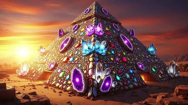 Mystical Crystal Pyramid Glowing in the Desert at Sunset.