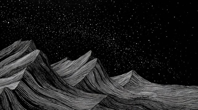 Monochrome mountain range beneath starry night sky artistic illustration