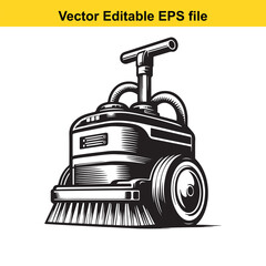 Vector art of sketch of a floor cleaning robot with wheels, brush, and handle