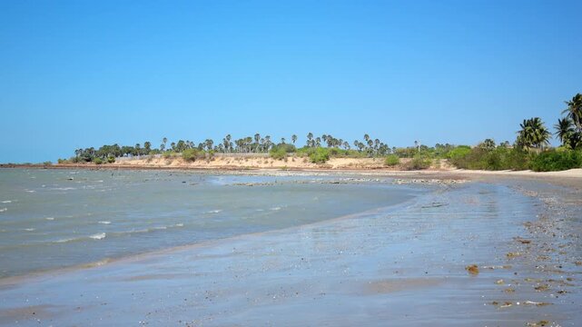 Cajueiro beach at Piaui state. Tropical paradise with palm trees, calm ocean, blue sky, tranquil sand. Perfect summer, nature, and travel destination in northeastern Brazil.