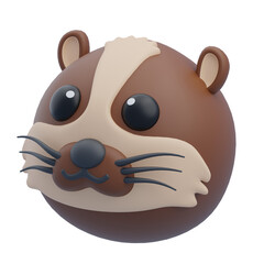 Brown Round 3D Cartoon Animal Head with Big Black Eyes and Whiskers Isolated on Transparent Background