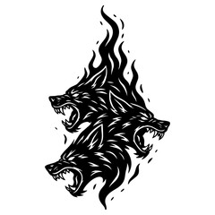 Black and white vector illustration of three flaming wolf heads, aggressive animal clipart for cutting and design. © liza