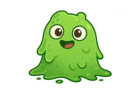 Cute green slime monster character smiling, happy blob creature cartoon, game asset, transparent background