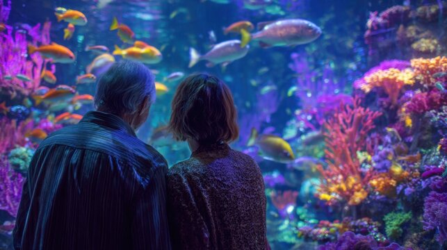 Two people observe colorful fish and coral in a stunning aquarium filled with marine life. - Powered by Adobe