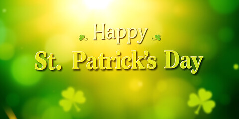 A festive and vibrant holiday graphic featuring the text "Happy St. Patrick's Day" in stylized yellow letters. The background is a soft, glowing green and yellow bokeh with scattered translucent 
