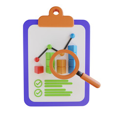 3D Chart Analysis Report Clipboard with Magnifying Glass Showing Growth Bars and Checkmarks on Transparent Background