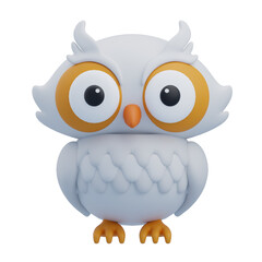 Cute Cartoon Snowy Owl With Big Orange Eyes And White Feathers On Transparent Background