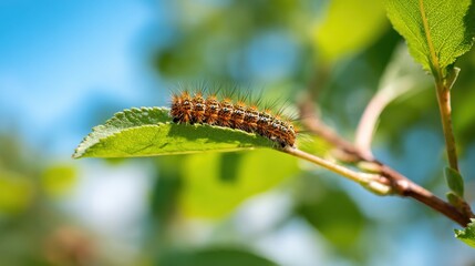 Fototapeta premium A vibrant caterpillar crawls along a leaf basking in the sunlight. Its fuzzy body contrasts with lush greenery.