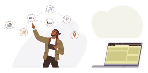 Man holding a tablet, pointing at interconnected icons of smart home, cloud storage, and navigation. Ideal for technology, IoT, remote work, connectivity, data sharing innovation simple flat