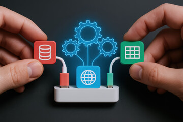 Hands holding data database icon agent workflow automation globe connector