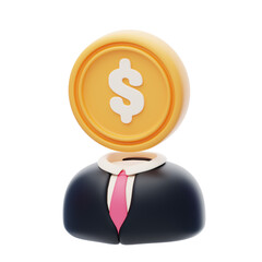 Stylized 3D illustration of a businessperson with a golden dollar coin for a head wearing a dark suit and pink tie against a transparent background