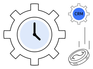 Gear with clock, a CRM gear, and a falling coin emphasize time management, process optimization, efficiency, and business value. Ideal for productivity, automation, investment teamwork