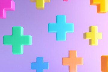 Colorful plastic plus signs float on a soft purple gradient background, creating a bright, playful composition of positive symbols and modern abstract design for creative projects.