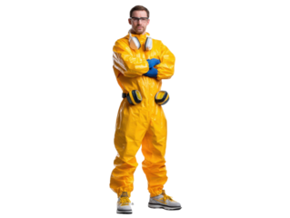 Protective Worker: A professional wearing a yellow protective suit, ear defenders, and safety glasses stands confidently. 
