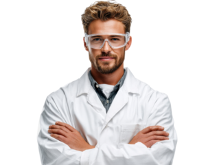Confident Scientist Portrait: A focused scientist, radiating confidence and expertise, stands with arms crossed, showcasing protective eyewear and a lab coat, ready for groundbreaking work.