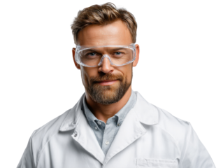 Scientist Portrait: A focused scientist, in his protective glasses and white coat, exudes confidence and expertise in the realm of scientific discovery.