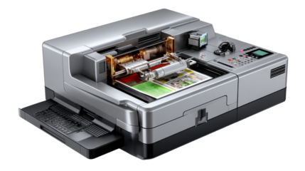 Digital Printing Machine: A close-up shot of a modern printing machine with its intricate components prominently displayed. the image captures the essence of innovation and technological advancement.