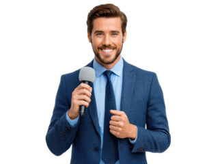 Eloquent Speaker: A confident man in a formal suit stands ready with a microphone, radiating poise and charisma, prepared to captivate an audience with his words.