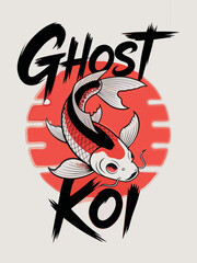 A striking Japanese-style sticker design featuring a
spectral koi fish, rendered in black and white with vibrant red accents reminiscent of a rising sun