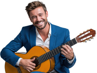 Obraz premium Harmonious Rhythms: A man plays guitar with a joyful expression, embracing the artistry of music. capturing the blend of sound and expression.