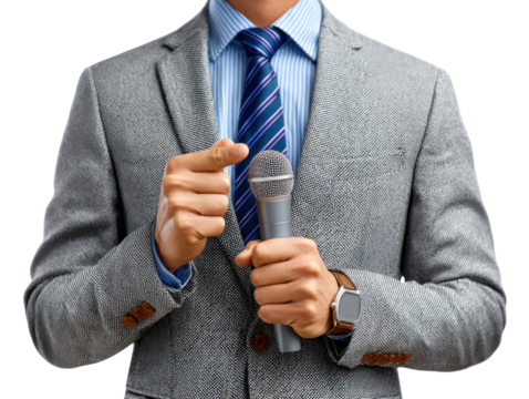 The Art of Eloquence: A refined figure, embodying confidence, grips a microphone, their focused gaze and gesture suggesting an engaging discourse.