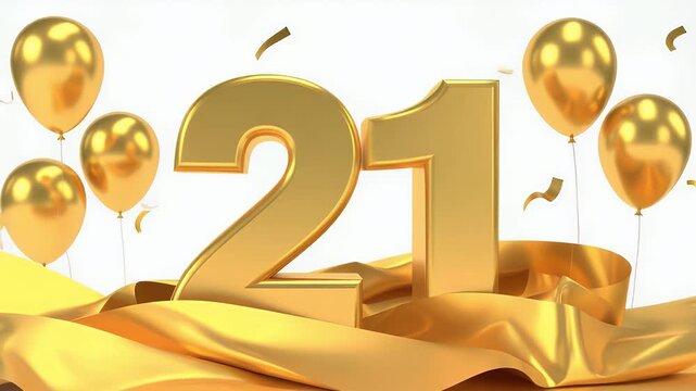Golden 21st celebration design with elegant numbers, balloons, and ribbons. Perfect for birthdays, anniversaries, or milestone events.