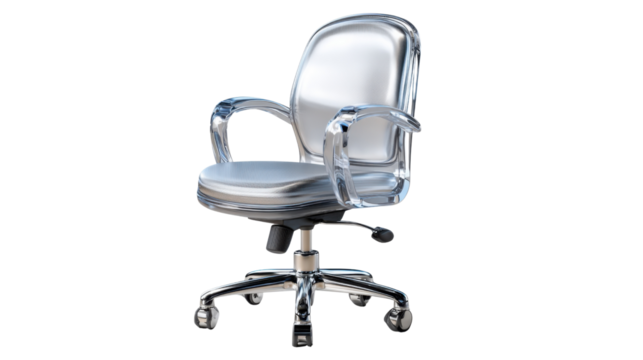 Modern Office Chair: Sleek and contemporary office chair with a transparent backrest, silver armrests, and a chrome base, epitomizing modern comfort and design. 