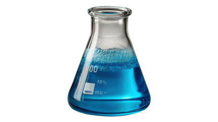 Laboratory Chemistry Flask: A close-up shot of a transparent glass flask, filled with vibrant blue liquid, embodies scientific discovery and experimentation in laboratory.