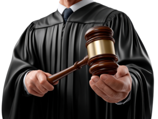 Judicial Hammer: A judge, draped in ceremonial robes, holds a gavel, a symbol of authority, justice, and the legal system.