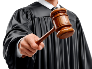 Justice Served: A judge, robed in traditional attire, firmly holds a gavel, representing the law and authority within the court system, emphasizing fairness and due process.