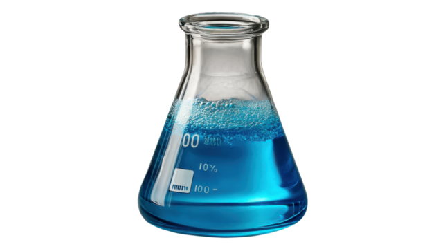 Laboratory Chemistry Flask: A close-up shot of a transparent glass flask, filled with vibrant blue liquid, embodies scientific discovery and experimentation in laboratory.