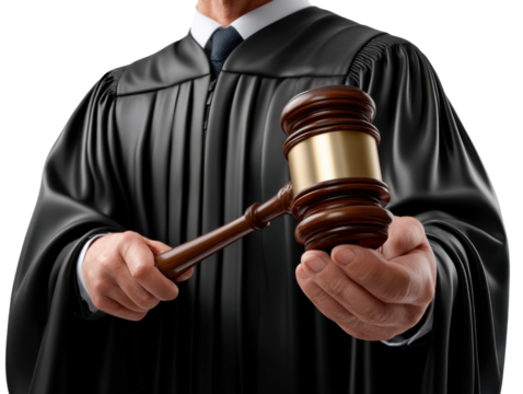Judicial Hammer: A judge, draped in ceremonial robes, holds a gavel, a symbol of authority, justice, and the legal system.